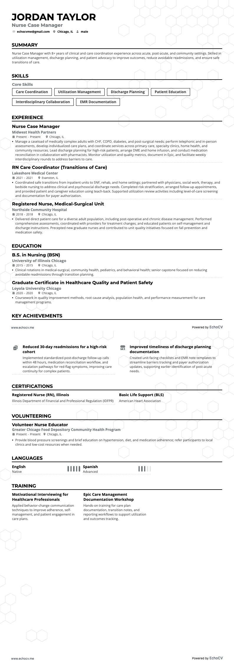 Sjuksköterska och case manager example resume