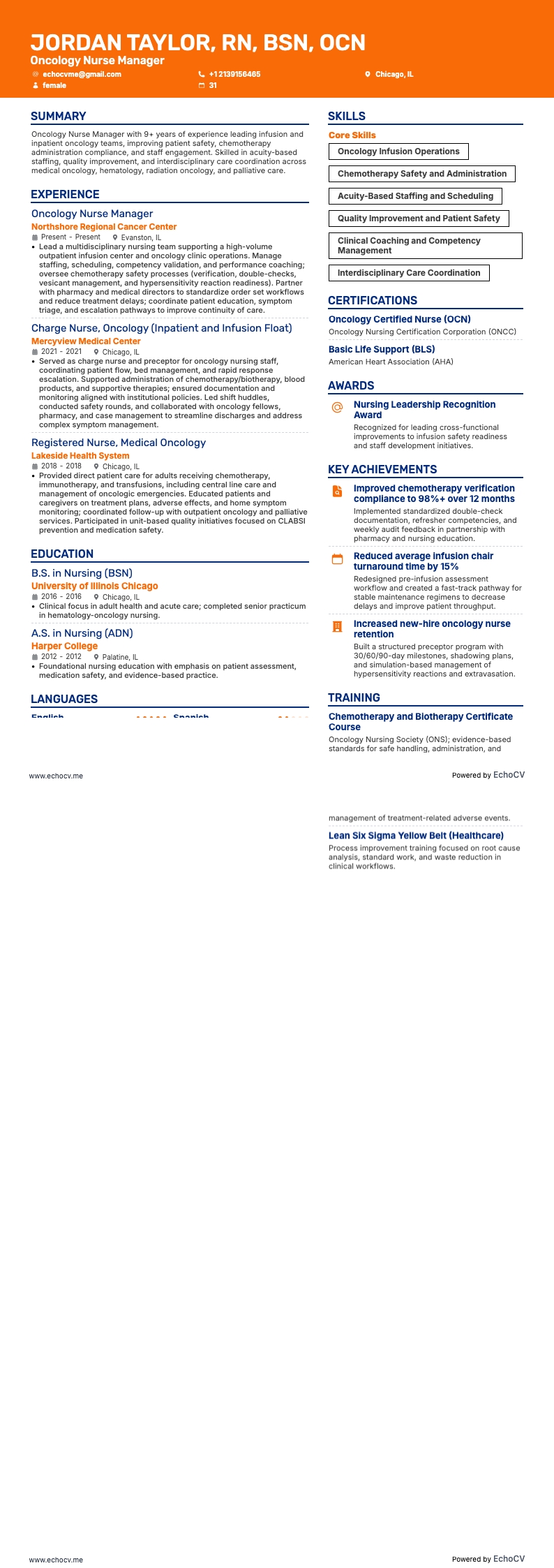 Chef för onkologisjuksköterskor example resume