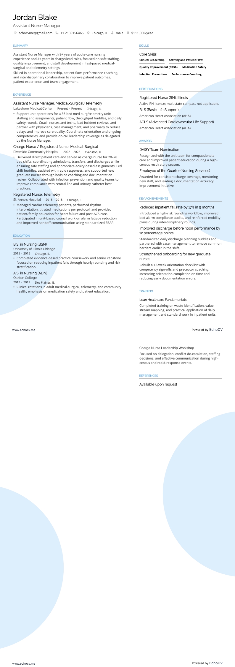 Biträdande sjuksköterskechef example resume