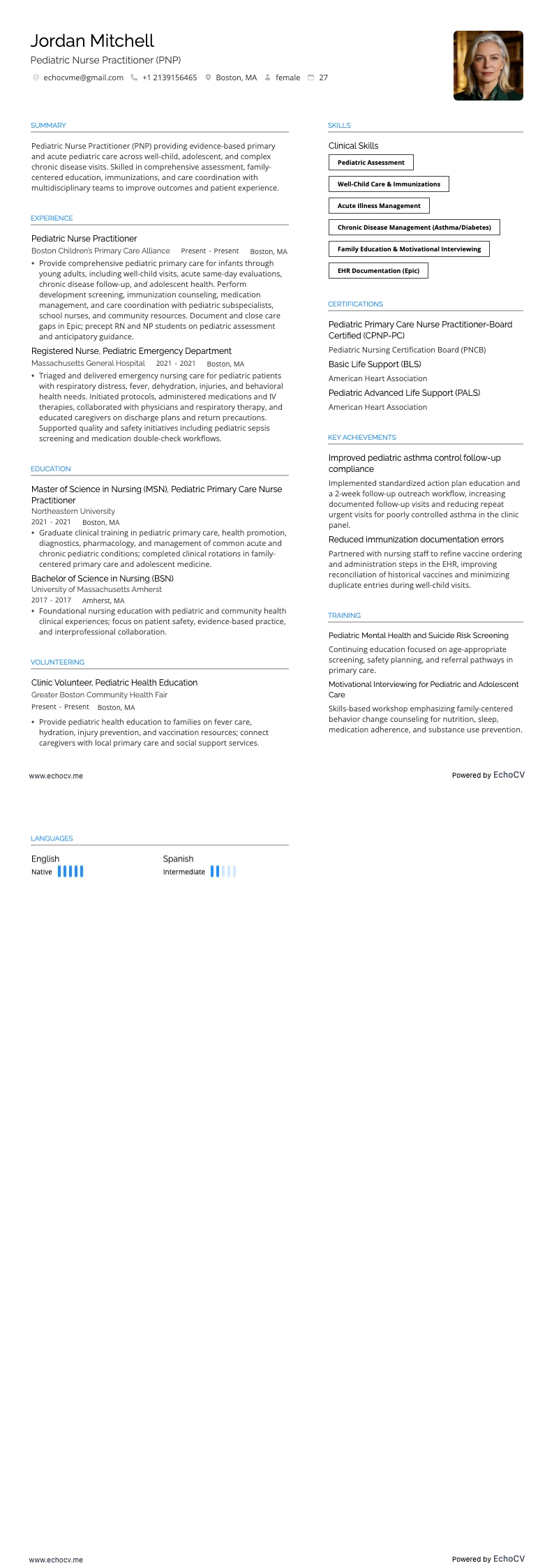 Pediatric Nurse Practitioner (PNP) example resume