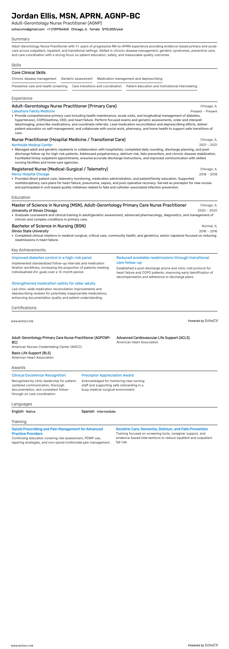 Adult-Gerontology Nurse Practitioner (AGNP) example resume