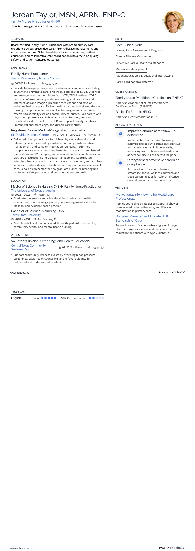 Family Nurse Practitioner (FNP) example resume