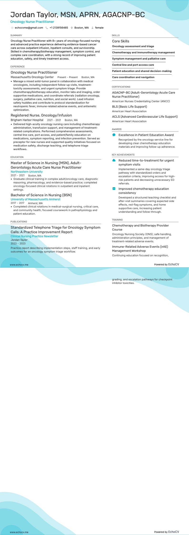 Oncology Nurse Practitioner example resume