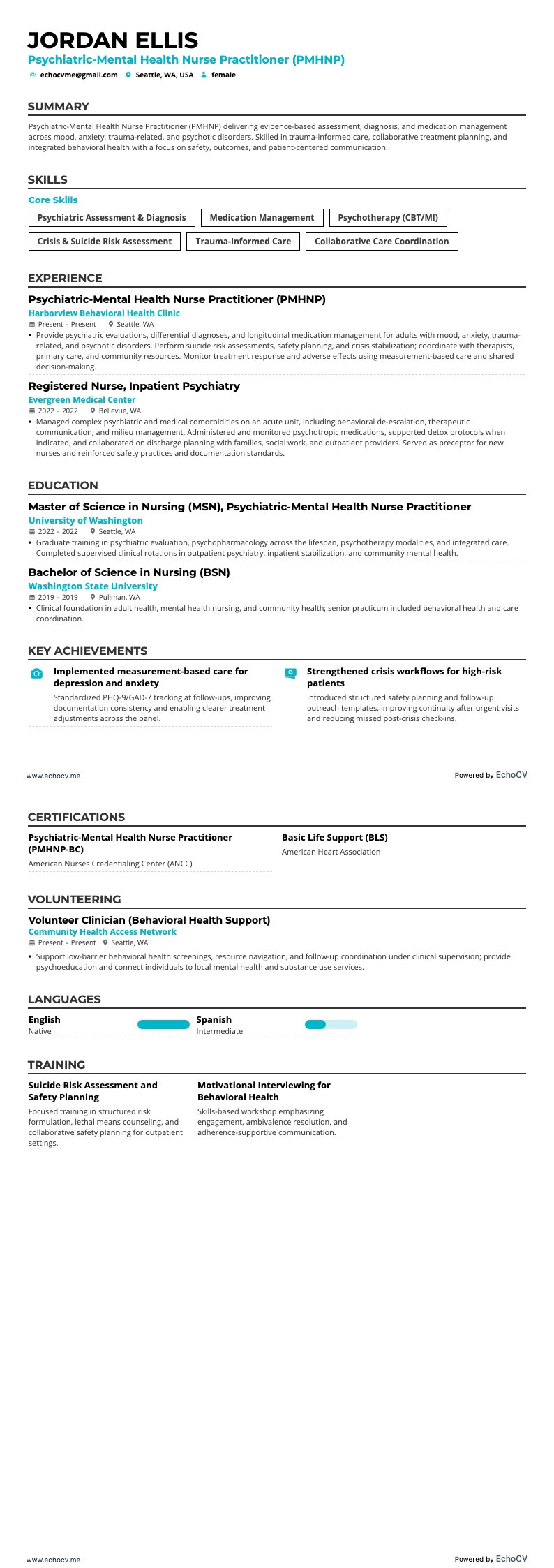 Psychiatric-Mental Health Nurse Practitioner (PMHNP) example resume