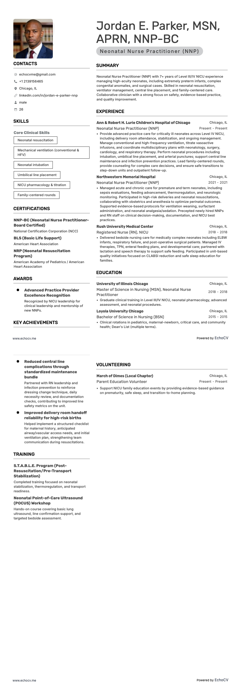 Neonatal Nurse Practitioner (NNP) example resume