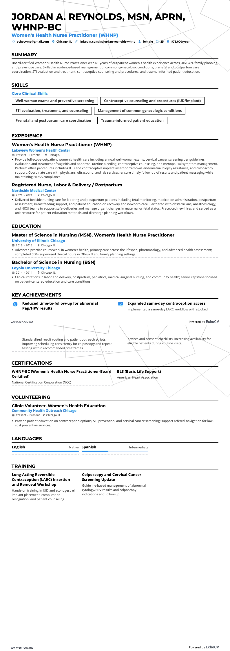 Women's Health Nurse Practitioner (WHNP) example resume