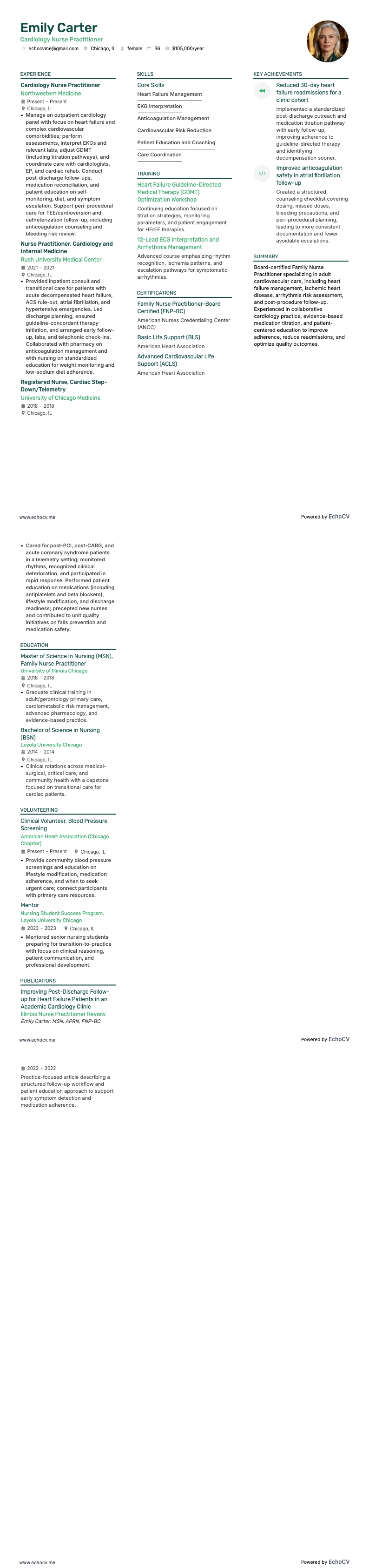 Cardiology Nurse Practitioner example resume