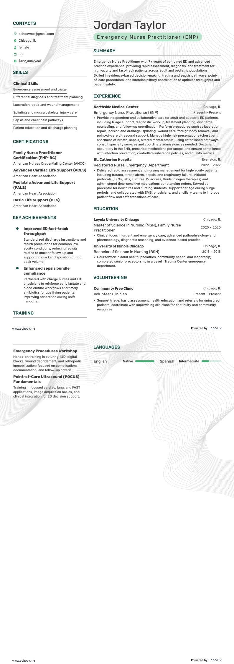 Emergency Nurse Practitioner (ENP) example resume