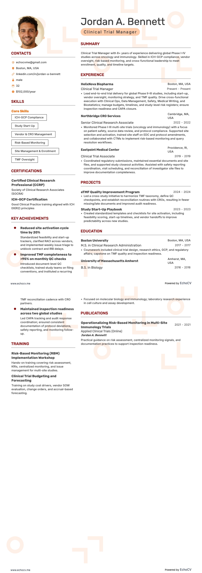 Quản lý thử nghiệm lâm sàng example resume