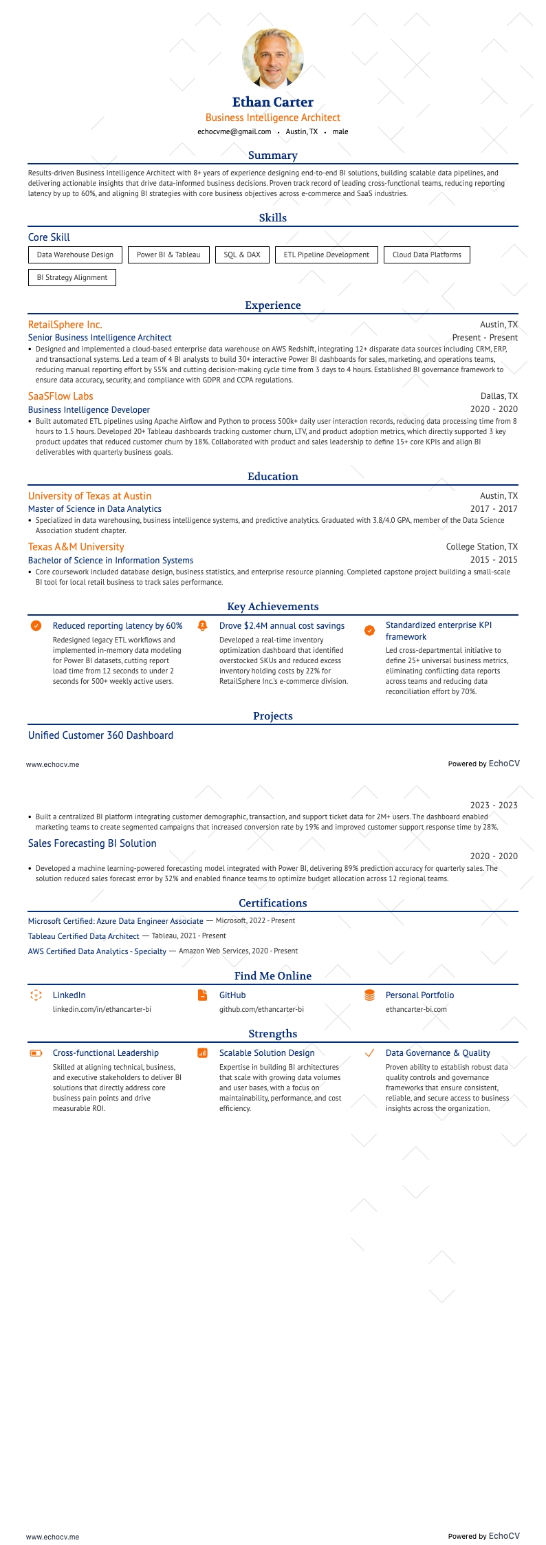 Business Intelligence Architect example resume