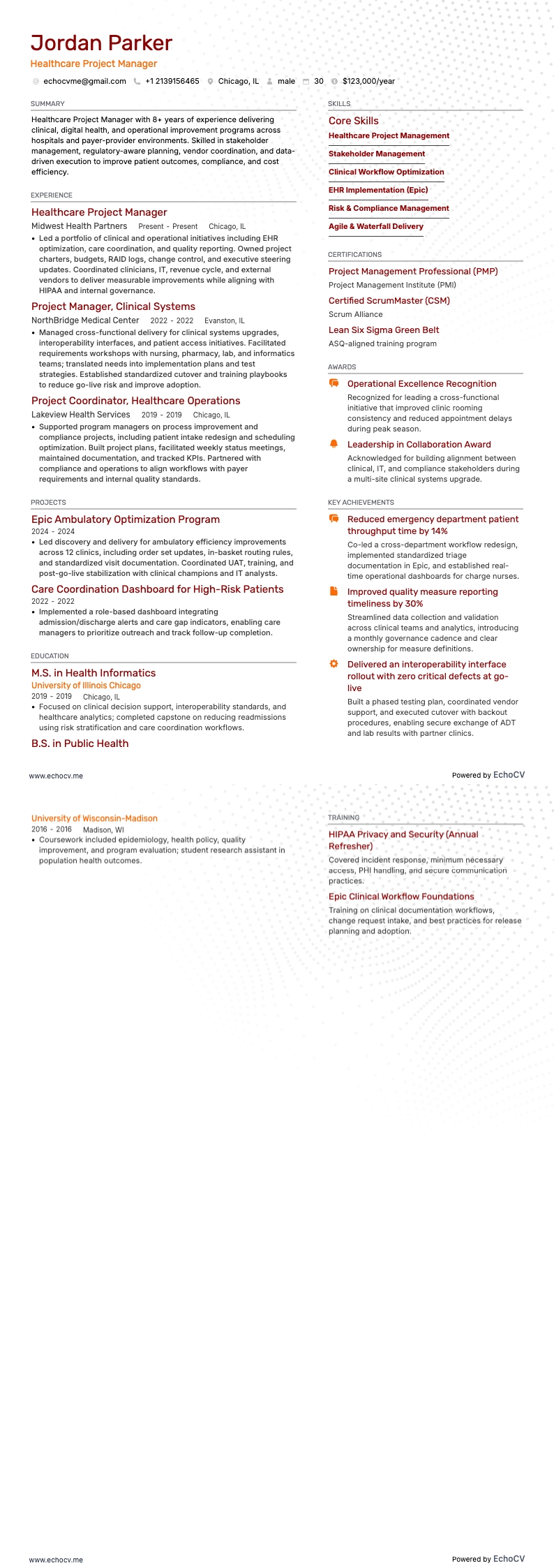 Quản lý dự án y tế example resume