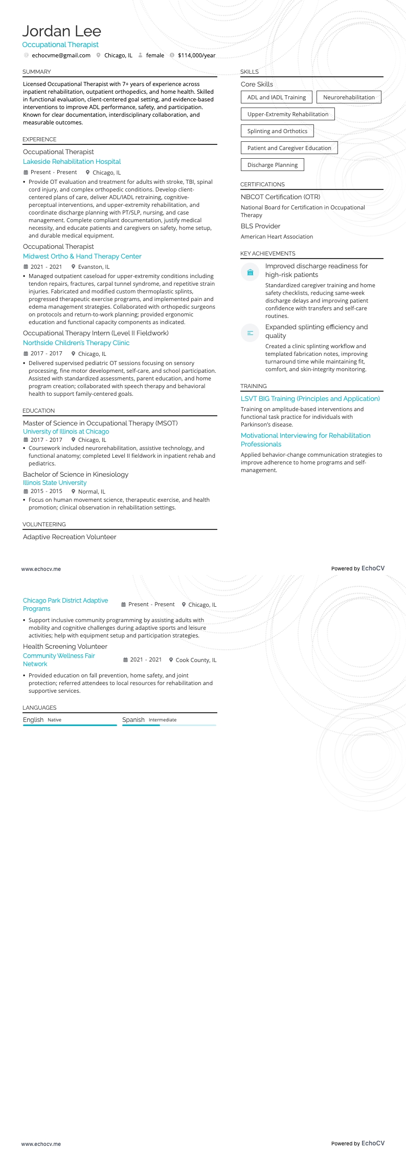 Chuyên gia hoạt động trị liệu example resume