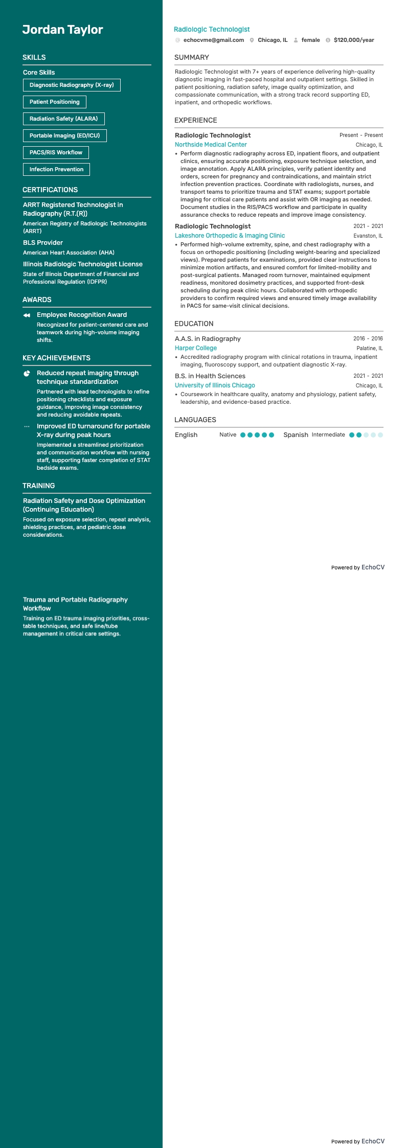 Kỹ thuật viên chẩn đoán hình ảnh example resume