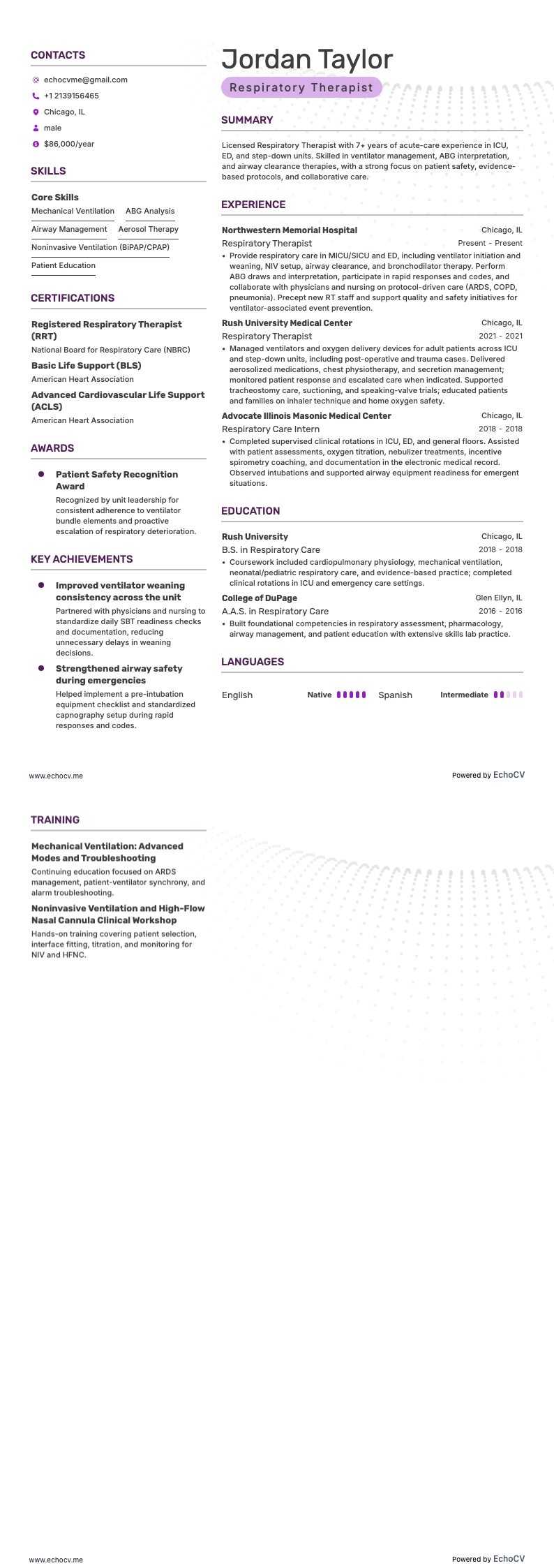 Chuyên viên trị liệu hô hấp example resume