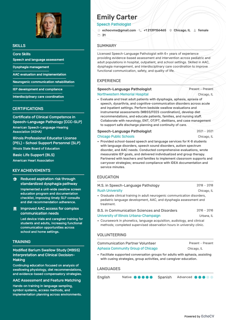 Chuyên gia ngôn ngữ trị liệu example resume