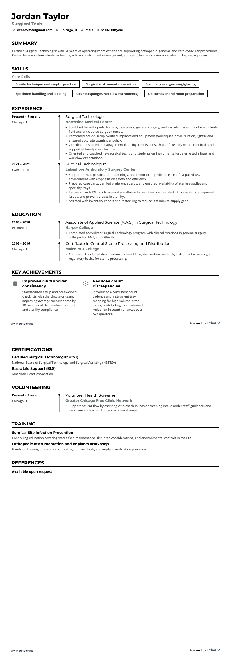 Kỹ thuật viên phẫu thuật example resume