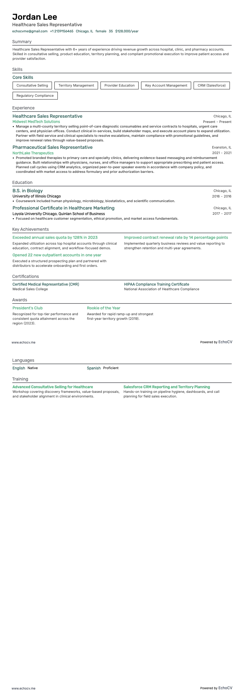 Đại diện kinh doanh ngành y tế example resume