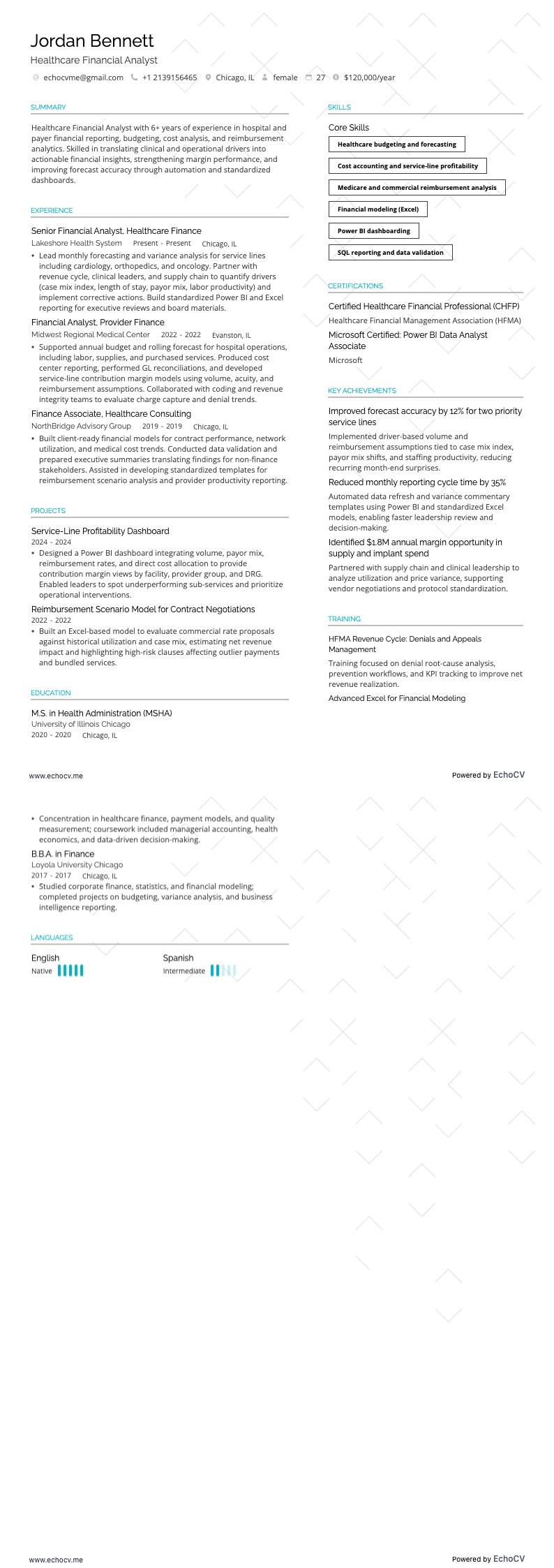 Chuyên viên phân tích tài chính y tế example resume