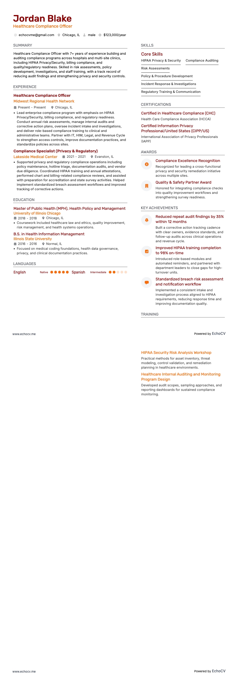 Chuyên viên tuân thủ y tế example resume