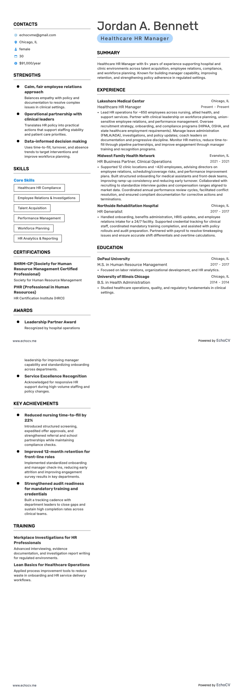 Quản lý nhân sự y tế example resume