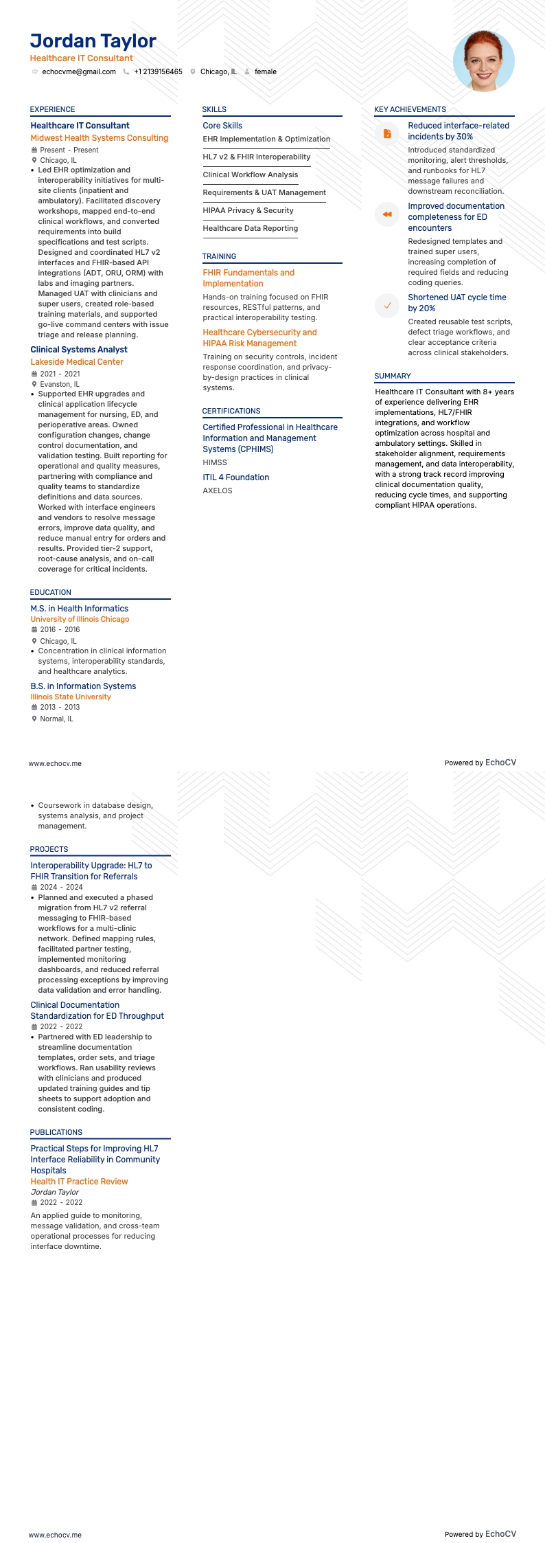 Chuyên gia tư vấn CNTT y tế example resume