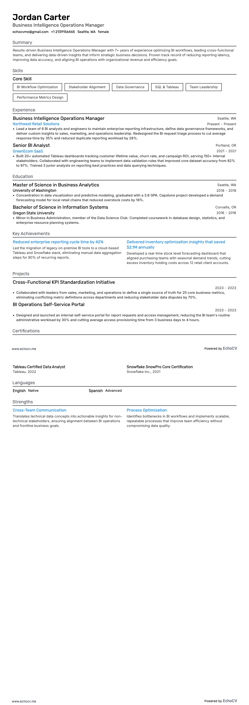 Business Intelligence Operations Manager example resume