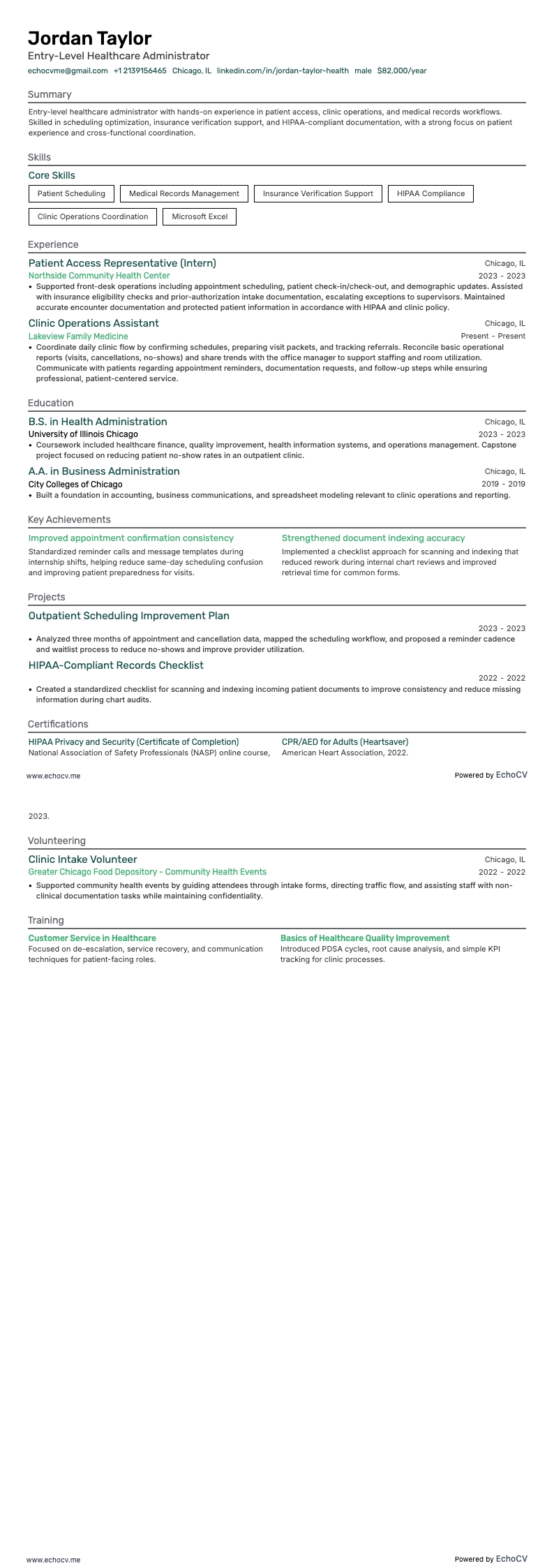 Quản trị viên y tế mới vào nghề example resume