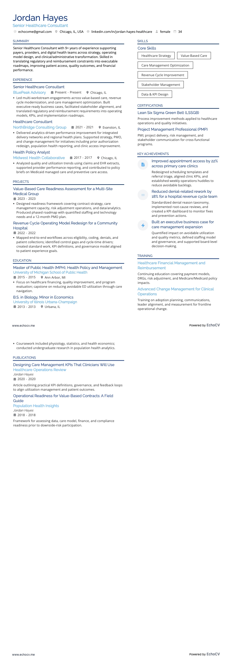 Chuyên gia tư vấn y tế cấp cao example resume