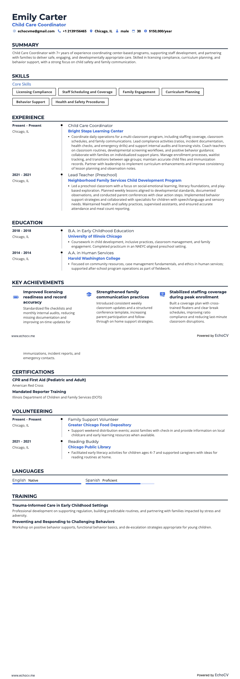보육 코디네이터 example resume