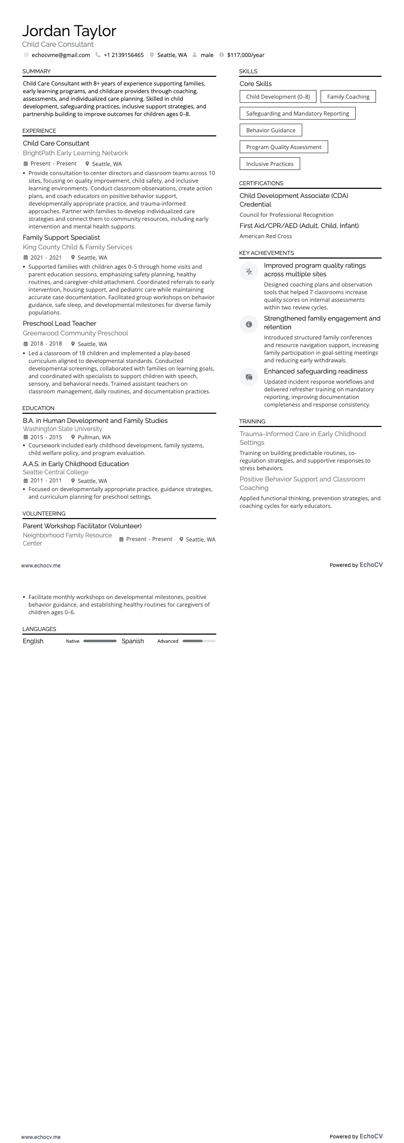 보육 컨설턴트 example resume