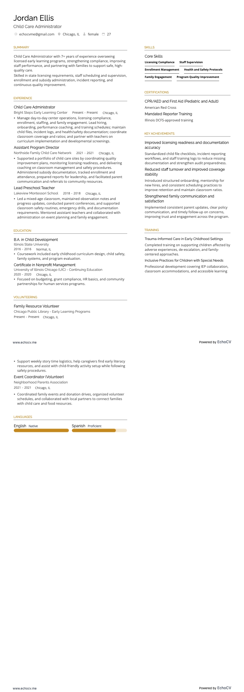 보육 관리자 example resume