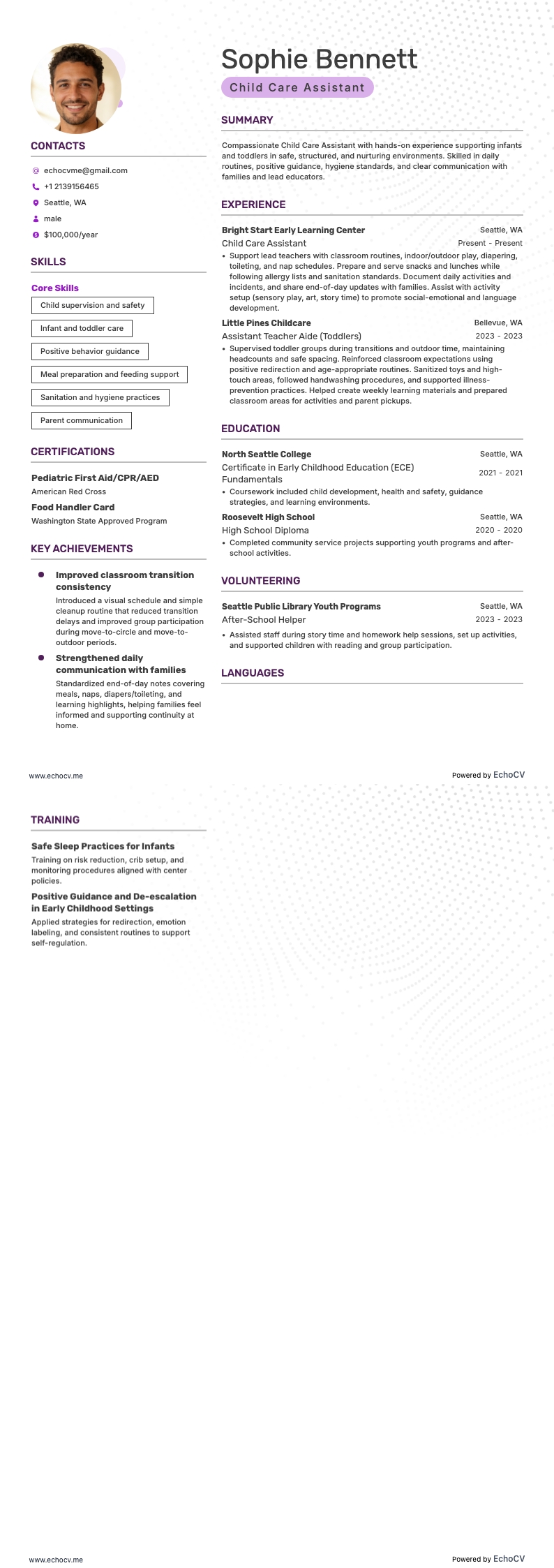 보육 보조 example resume