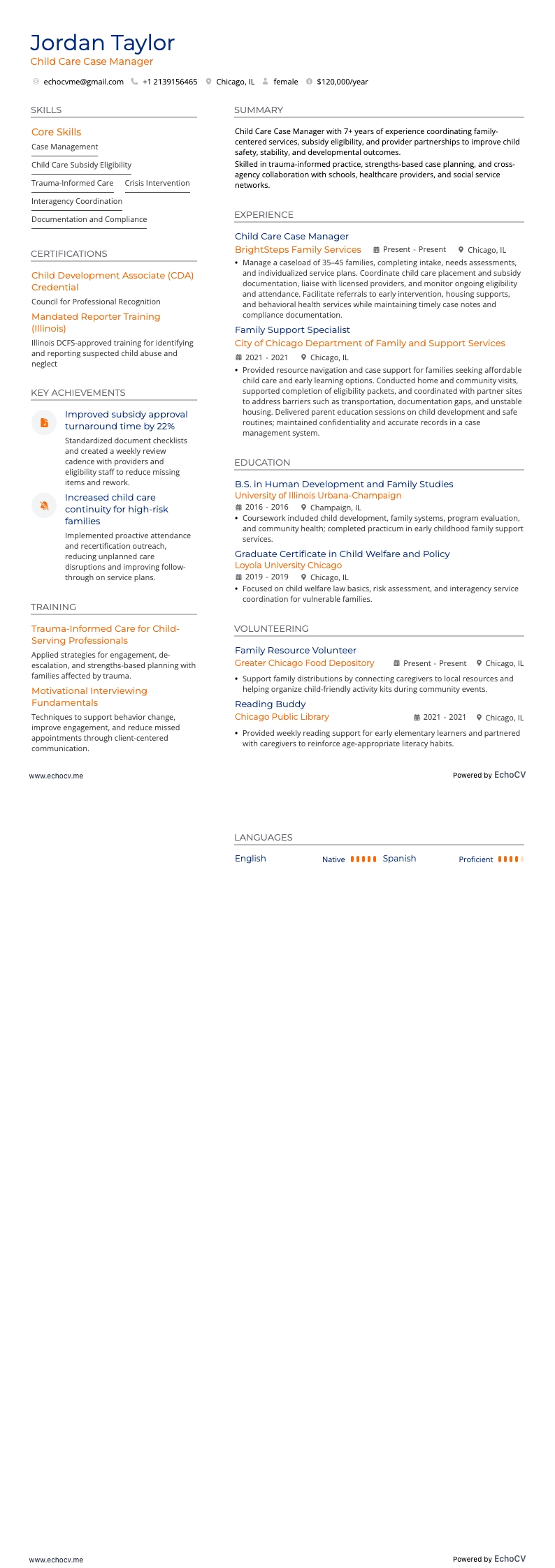 아동 돌봄 resume example