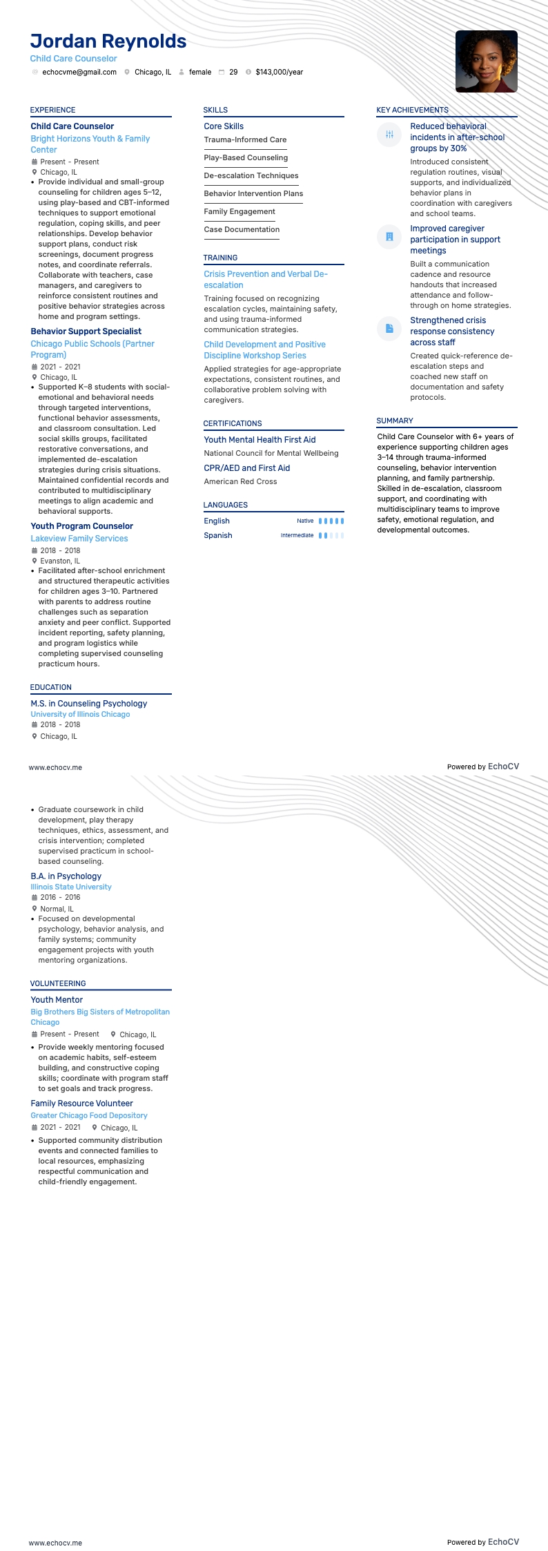 아동 돌봄 상담사 example resume