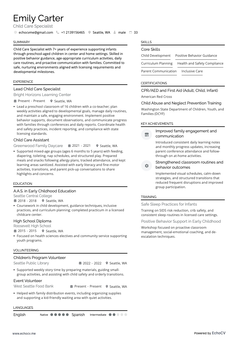 아동 돌봄 전문가 example resume
