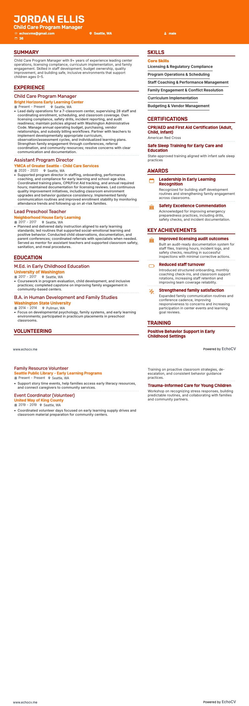 보육 프로그램 매니저 example resume