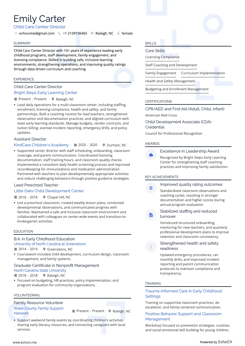보육센터 원장 example resume
