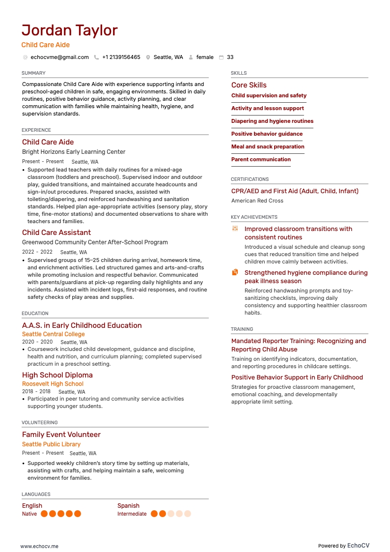 보육 보조 example resume