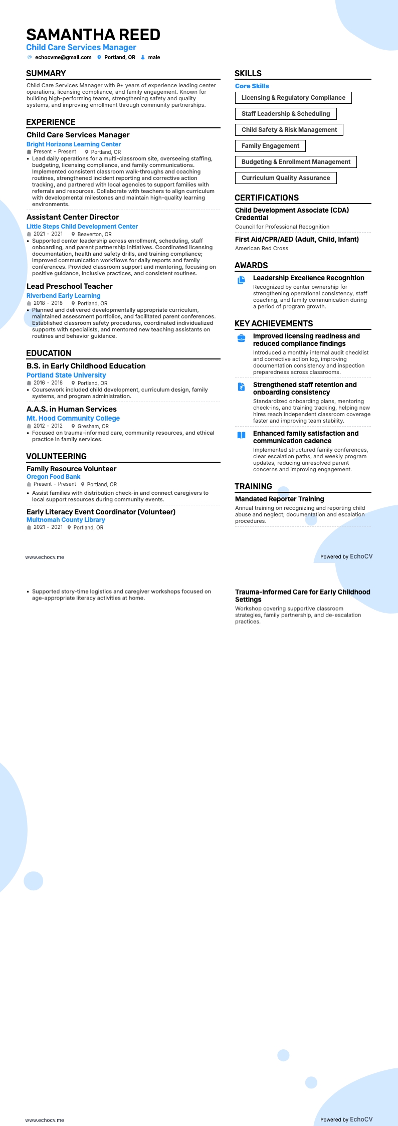 보육 서비스 관리자 example resume