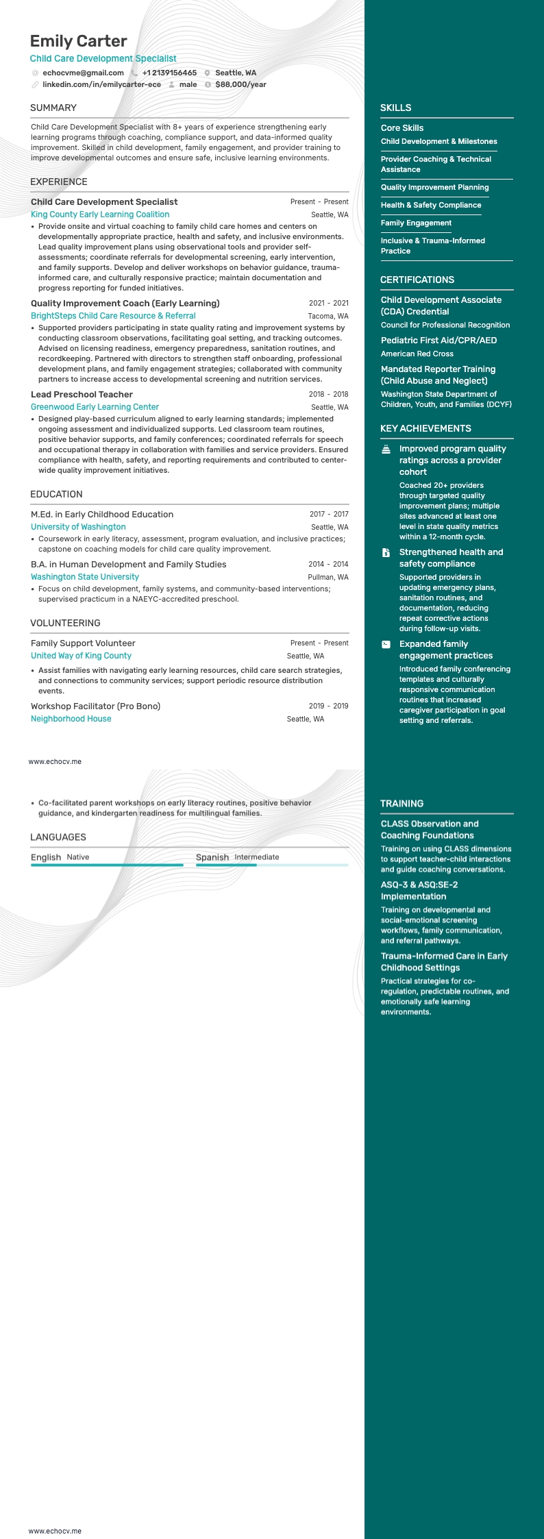 보육 개발 전문가 example resume