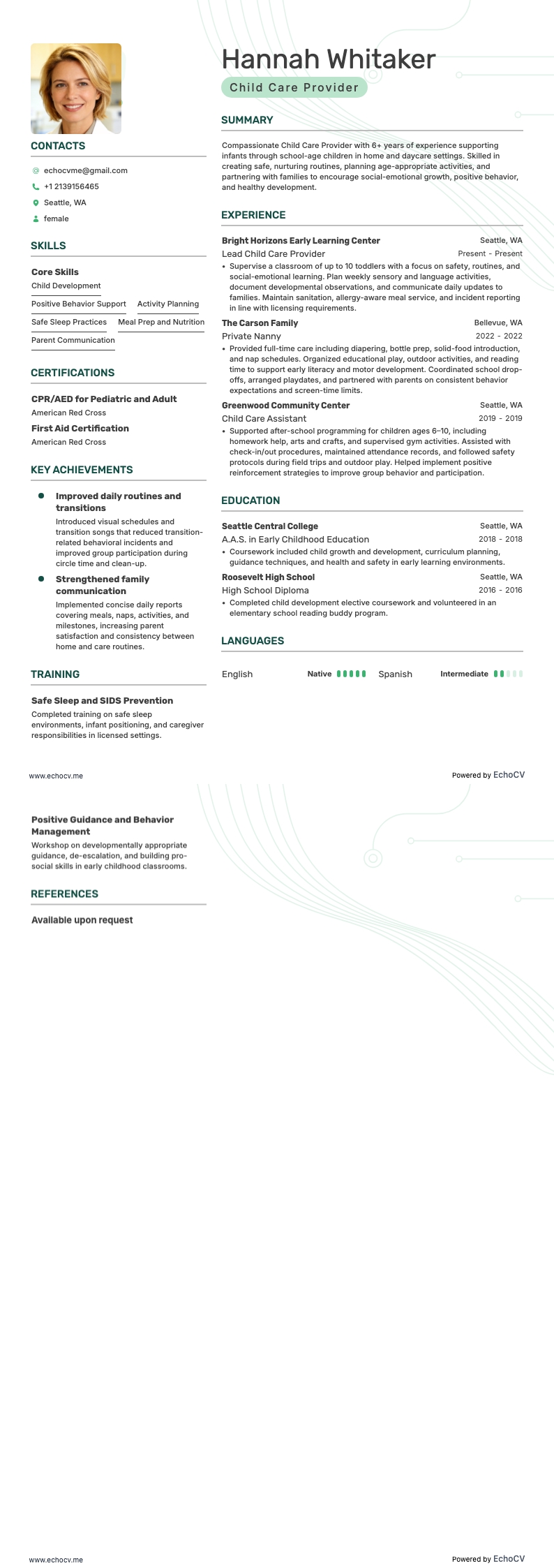 보육 제공자 example resume