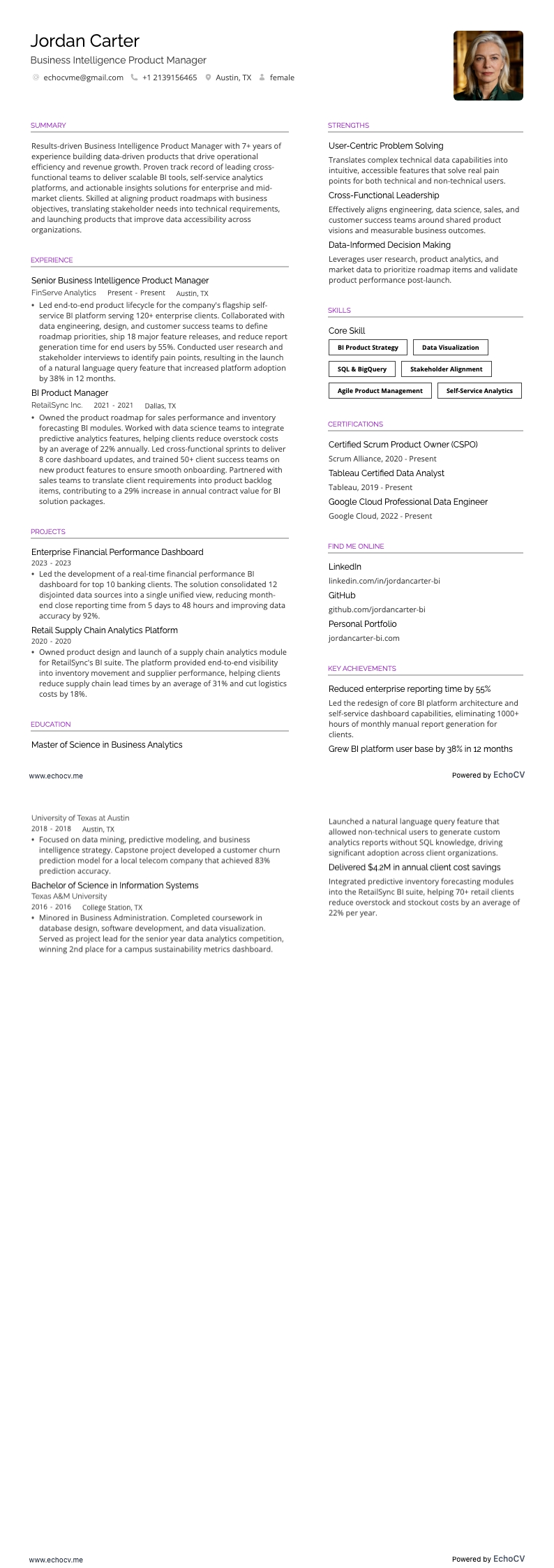 Business Intelligence Product Manager example resume
