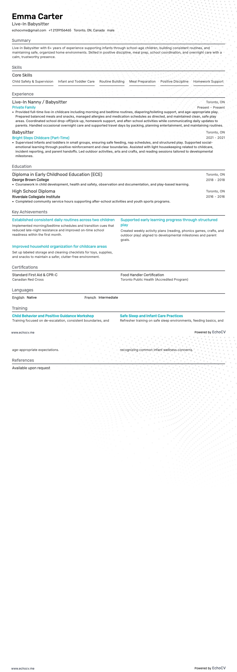 Live-In Babysitter example resume