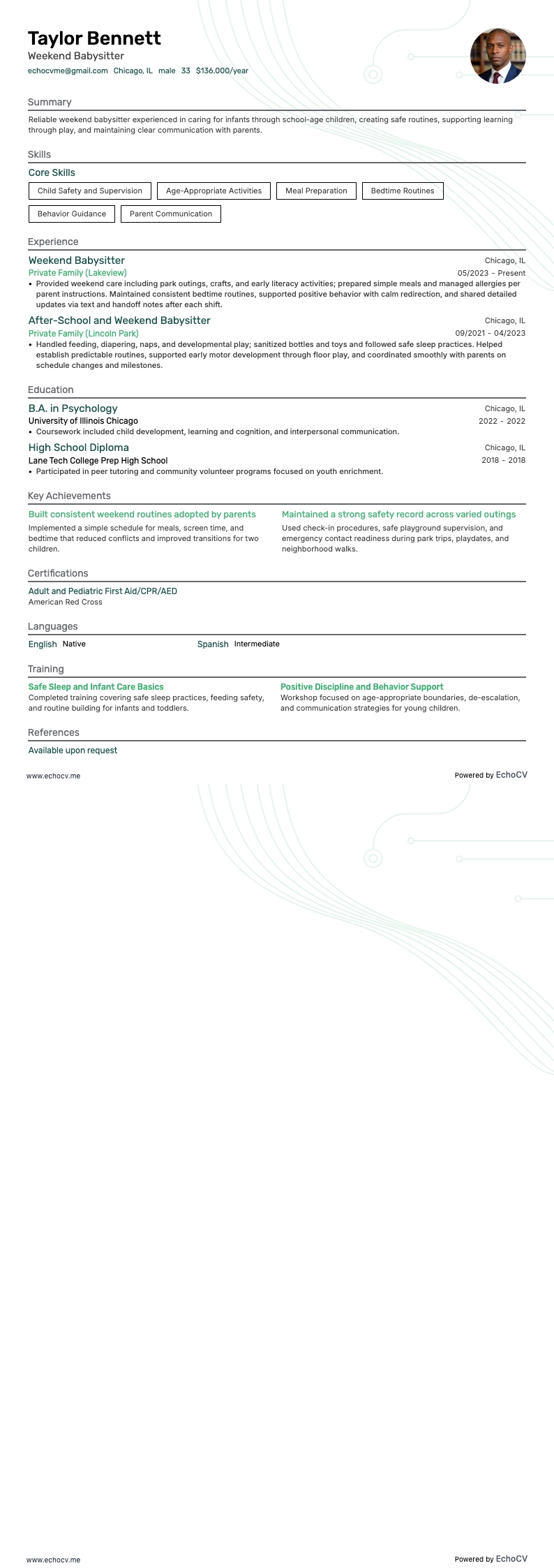 Weekend Babysitter example resume