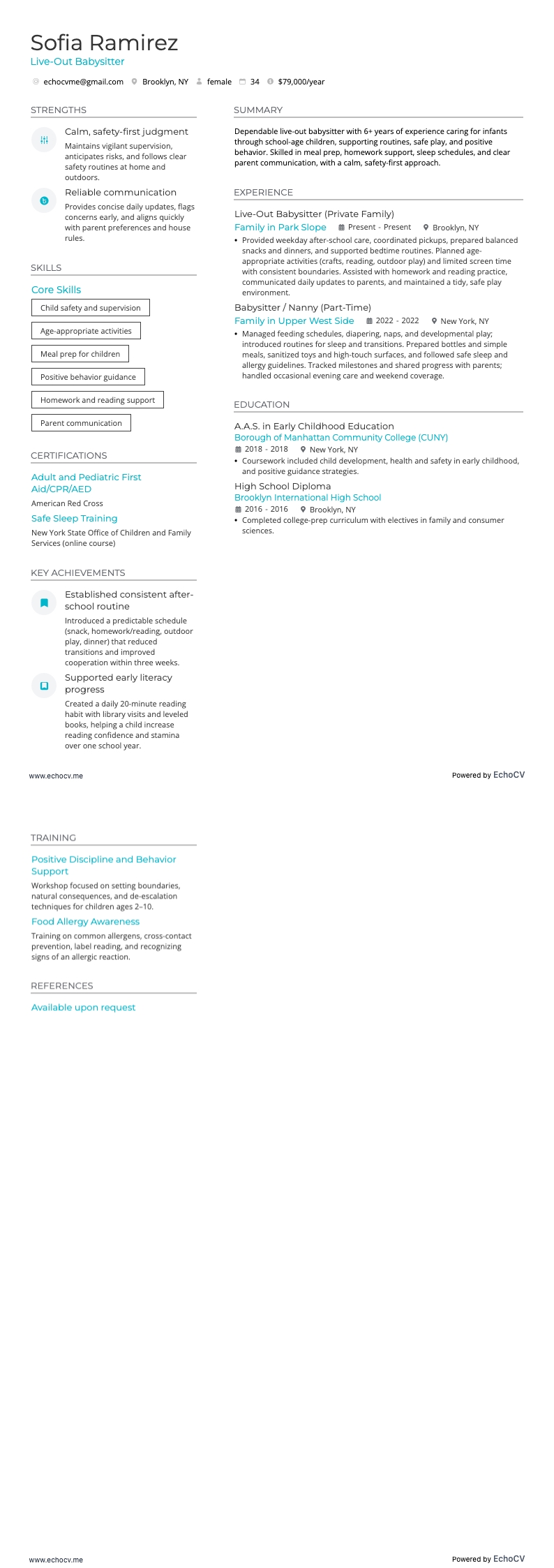 Live-Out Babysitter example resume