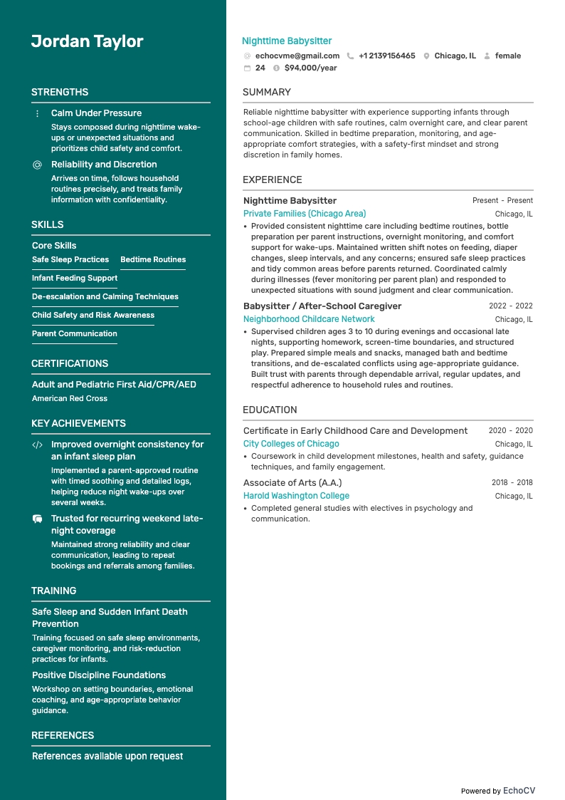 Nighttime Babysitter example resume