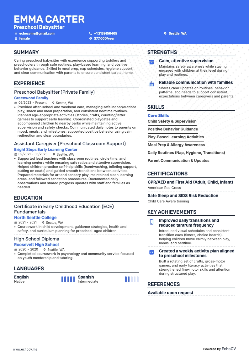 Preschool Babysitter example resume