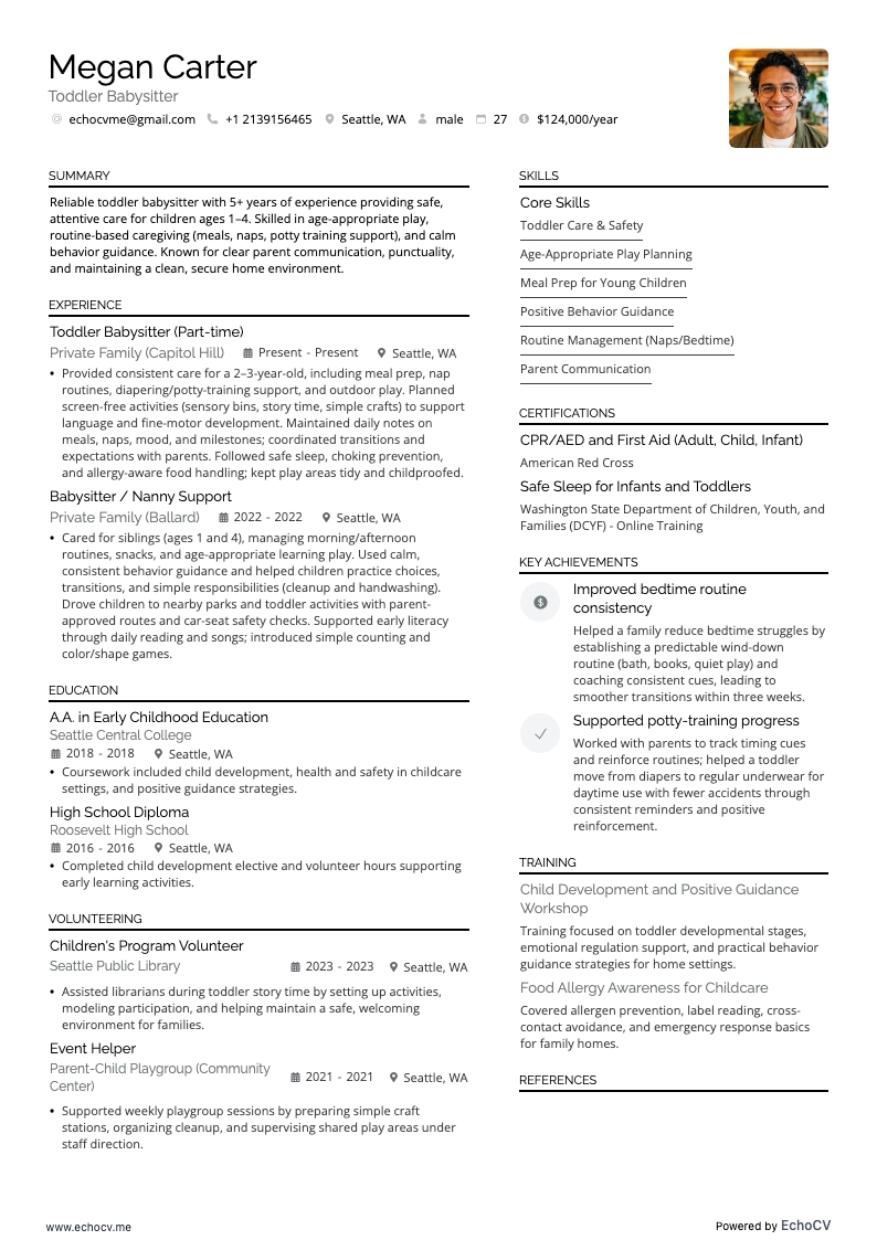 Toddler Babysitter example resume