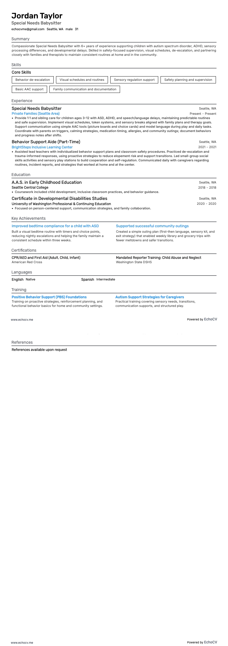 Special Needs Babysitter example resume