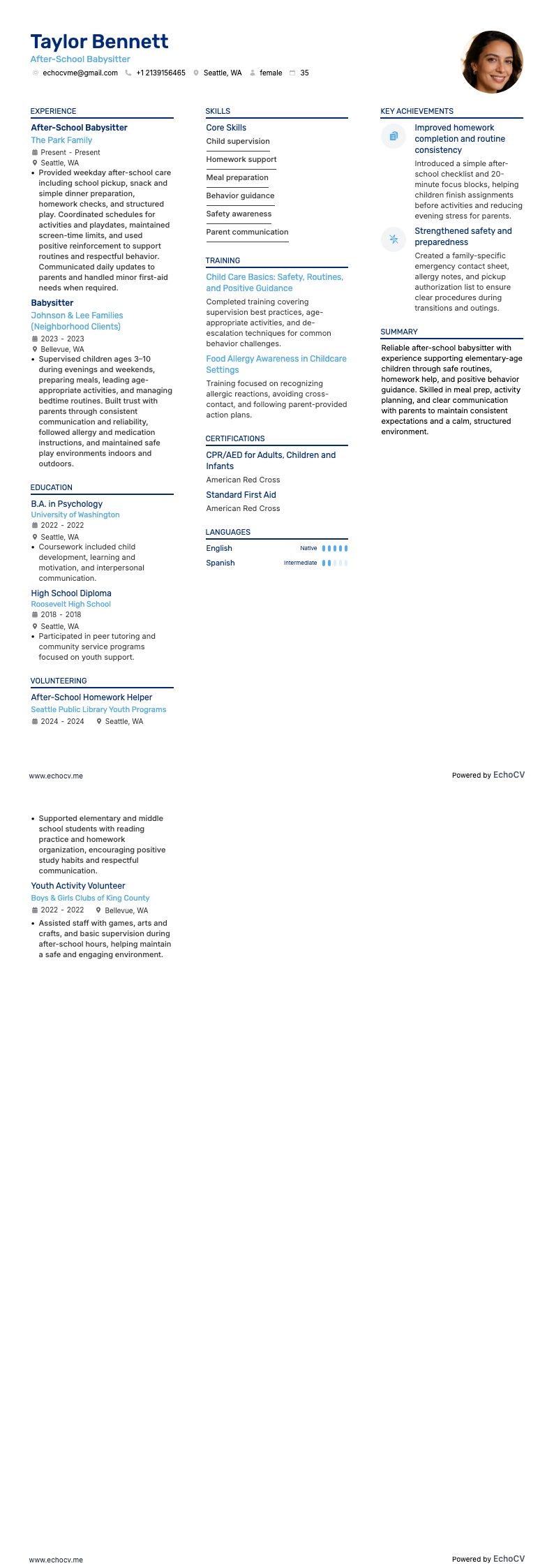 After-School Babysitter example resume